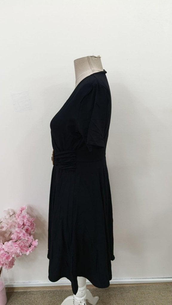 Women's Short Sleeve V-Neck Wrap Dress with Gold Ring Buckle, Black, Viscose, Midi Length - Janes - by Peralane - photo 6