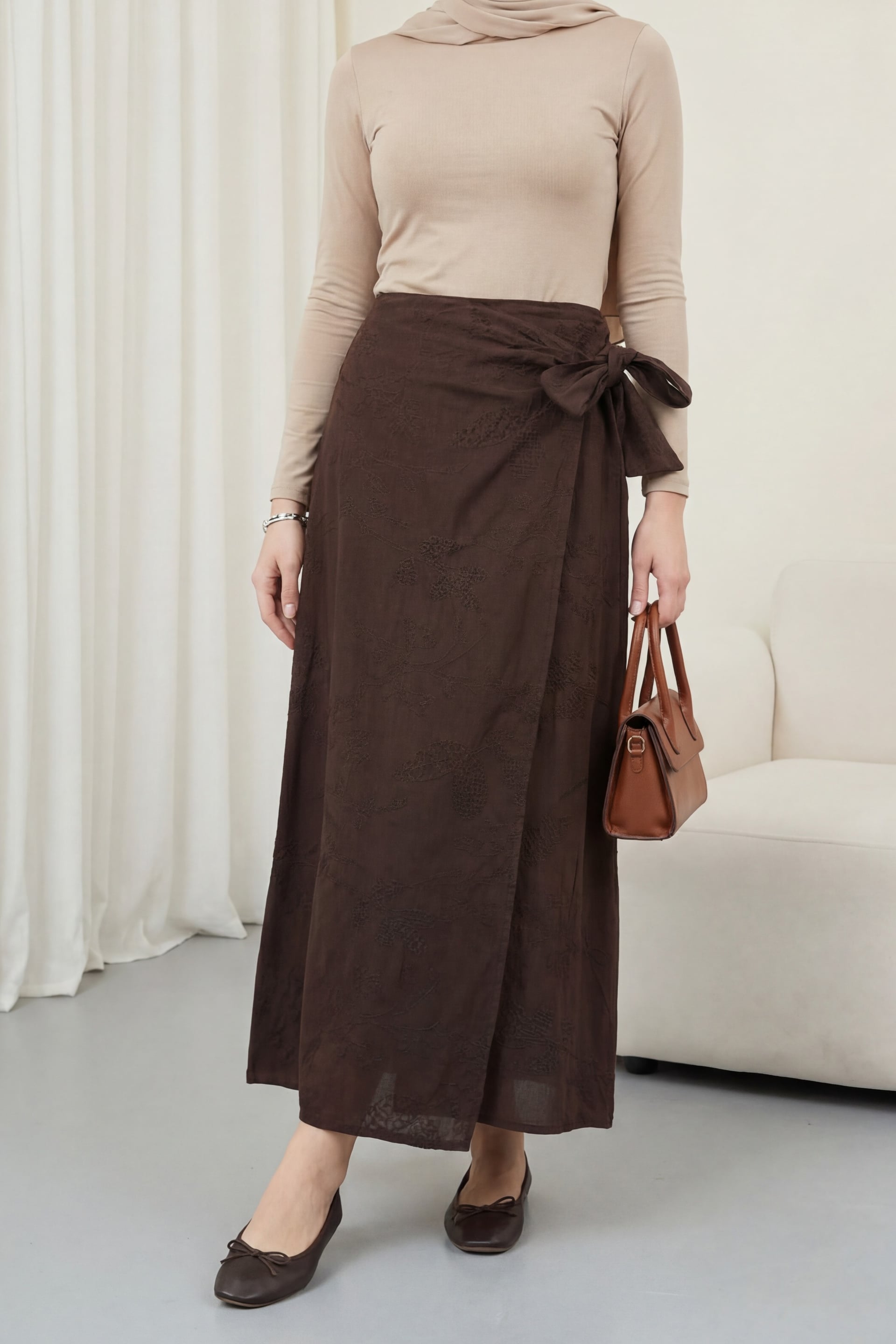 Dark Brown Patterned Linen Look Wrap Skirt with Tie Waist - Podyumplus - by Peralane