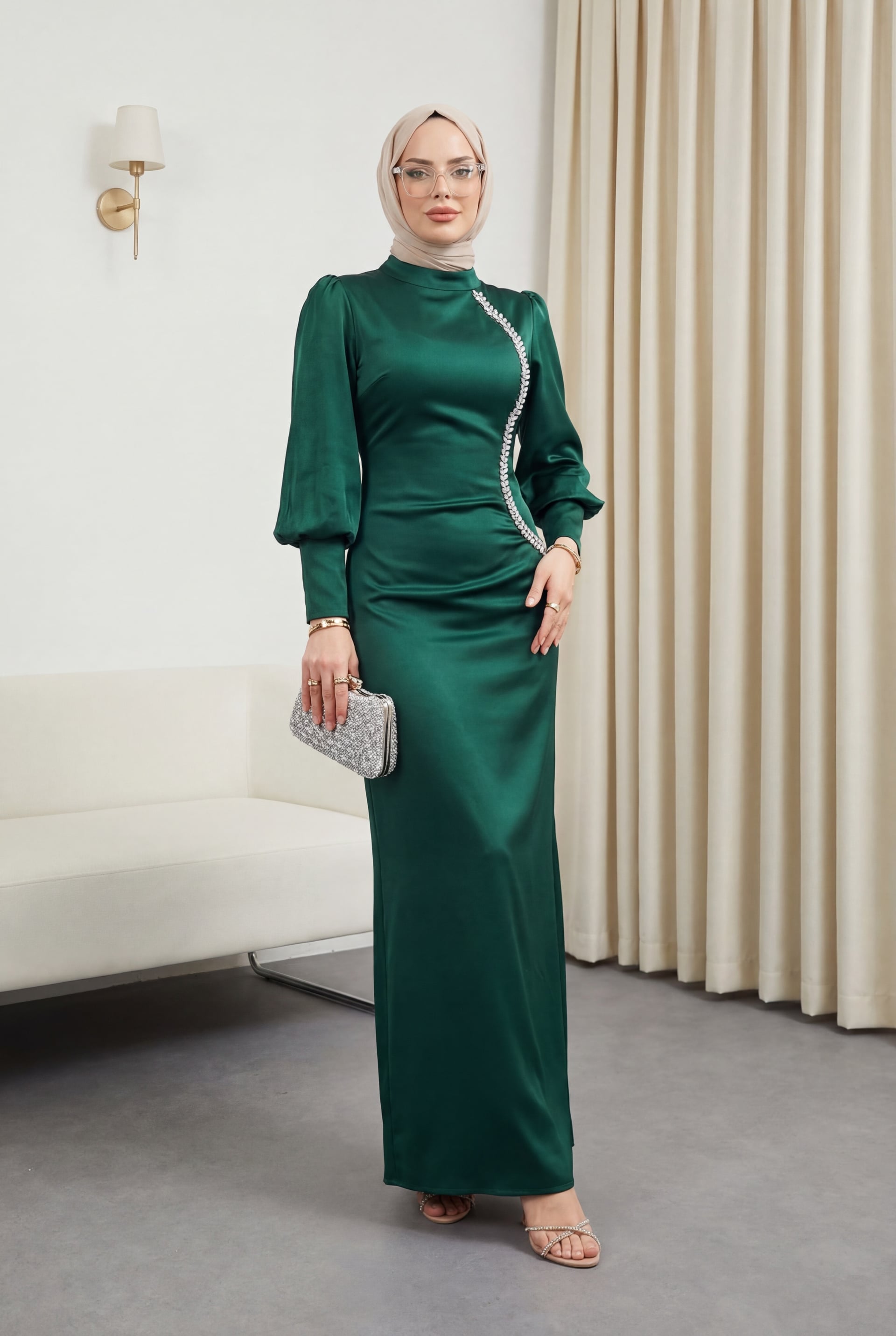 Emerald Satin Evening Dress with Stone Details and Zippered Cuffs - Podyumplus - by Peralane