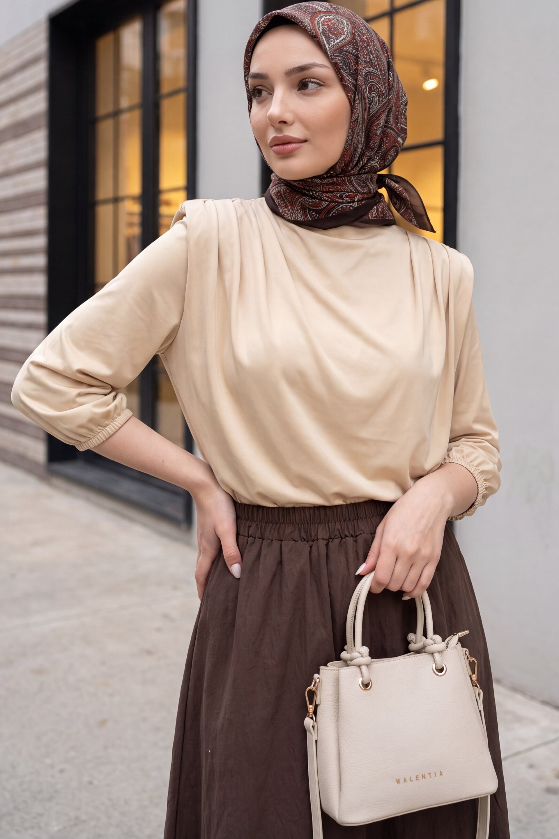 Beige Long-Sleeved Gather-Shoulder Blouse with Inner Bodysuit and Padded Shoulders - Podyumplus - by Peralane - photo 2