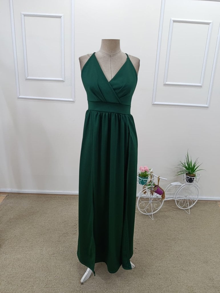 Women's Spaghetti Strap V-Neck Slit Long Crepe Dress in Emerald Green - Janes - by Peralane - photo 5
