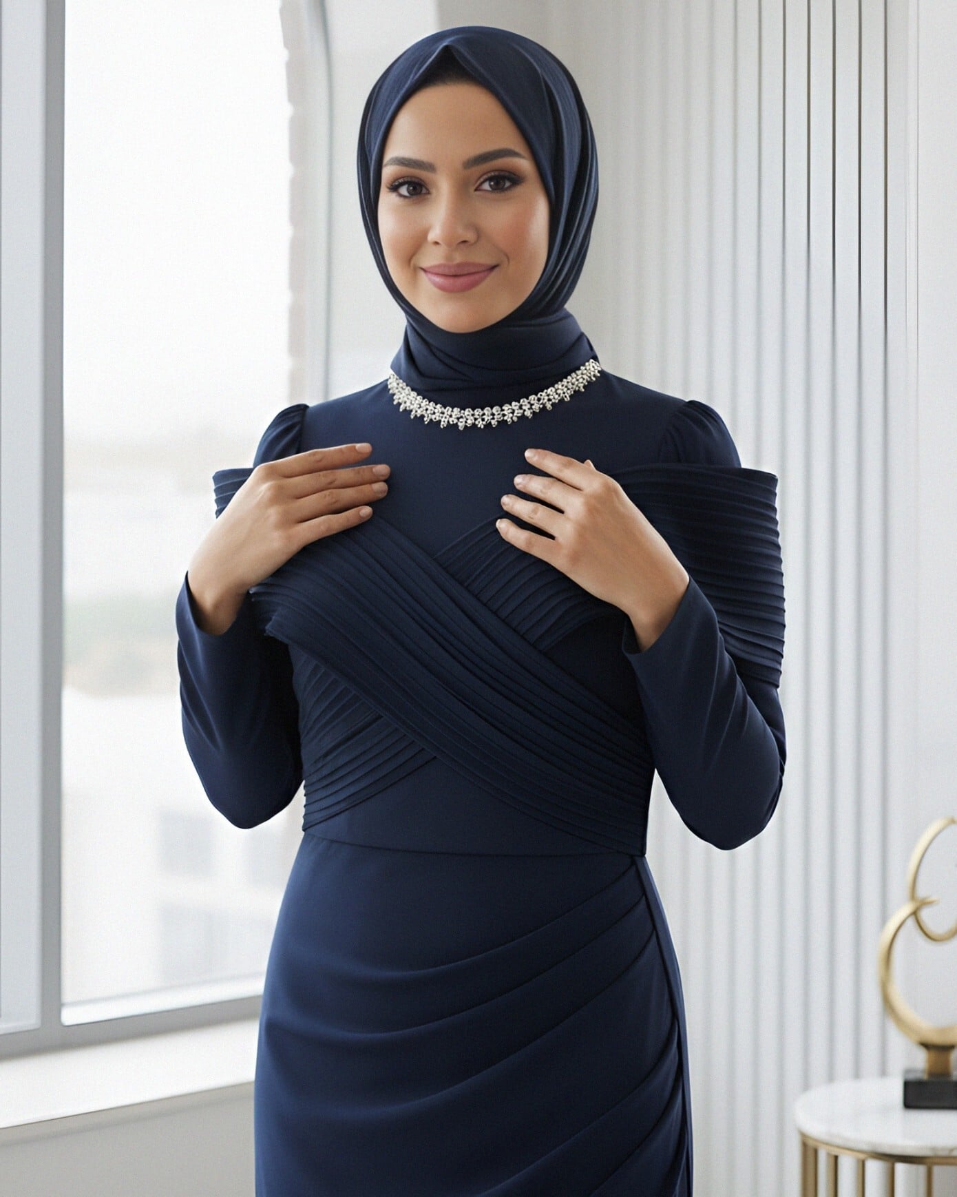 Beaded Neckline Pleated Evening Dress - Navy Blue - Podyumplus - by Peralane - photo 6