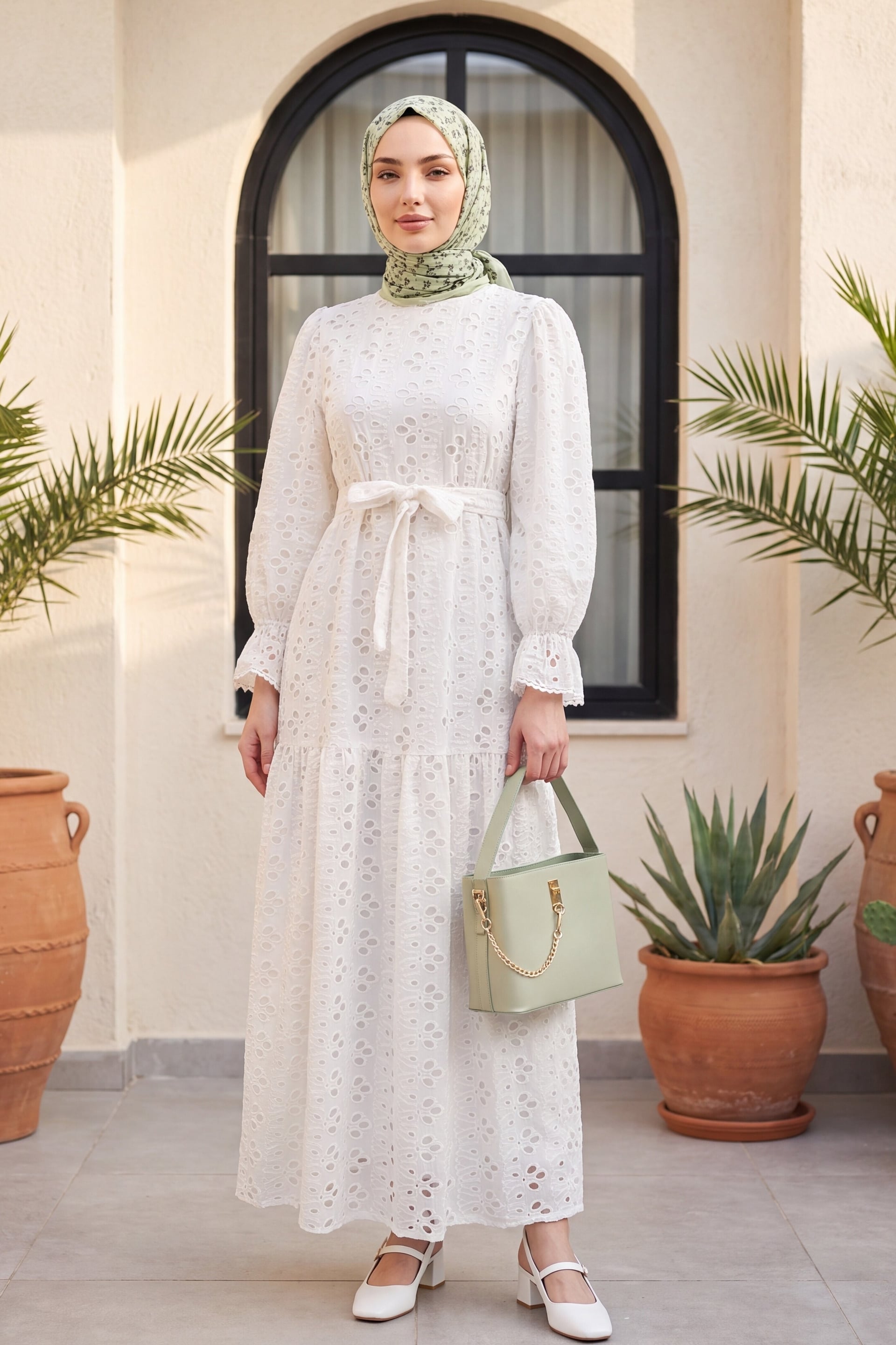 White Linen Look Long Dress with Scoop Neck and Scalloped Details - Podyumplus - by Peralane - photo 2