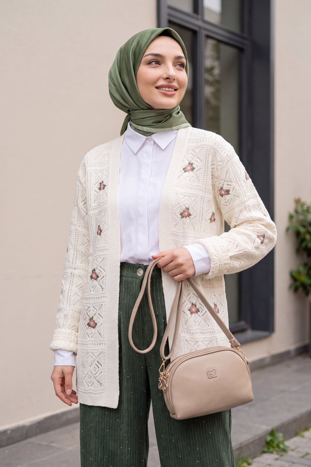 Open Front Embroidered Knit Cardigan - Ecru - Podyumplus - by Peralane - photo 2