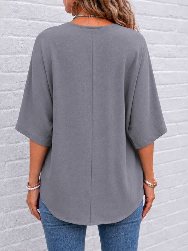 Women's Grey V-Neck Short-Sleeve Button Blouse - Janes - by Peralane - photo 3