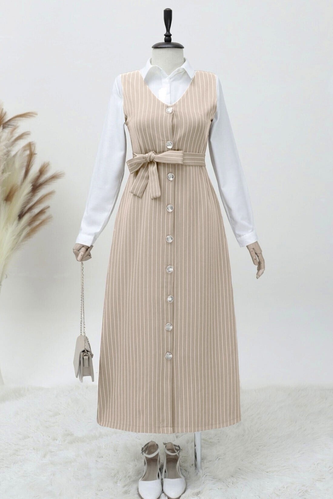 Beige Striped Pinafore Dress with Belt for Women - Podyumplus - by Peralane - photo 3