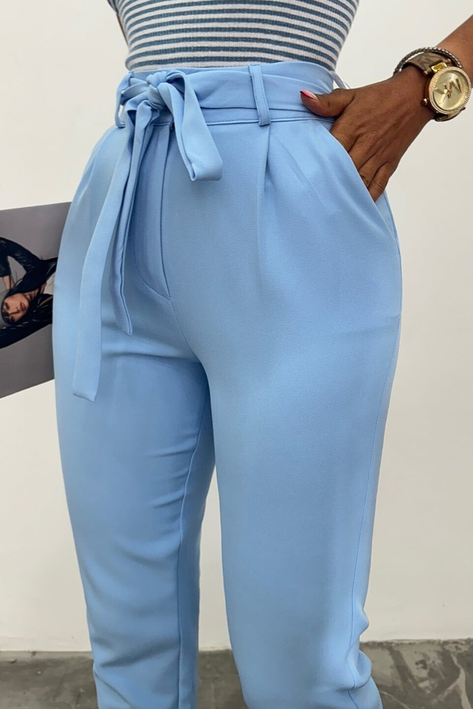 High-Waist Belted Ankle-Length Trousers in Light Blue - Podyumplus - by Peralane - photo 5