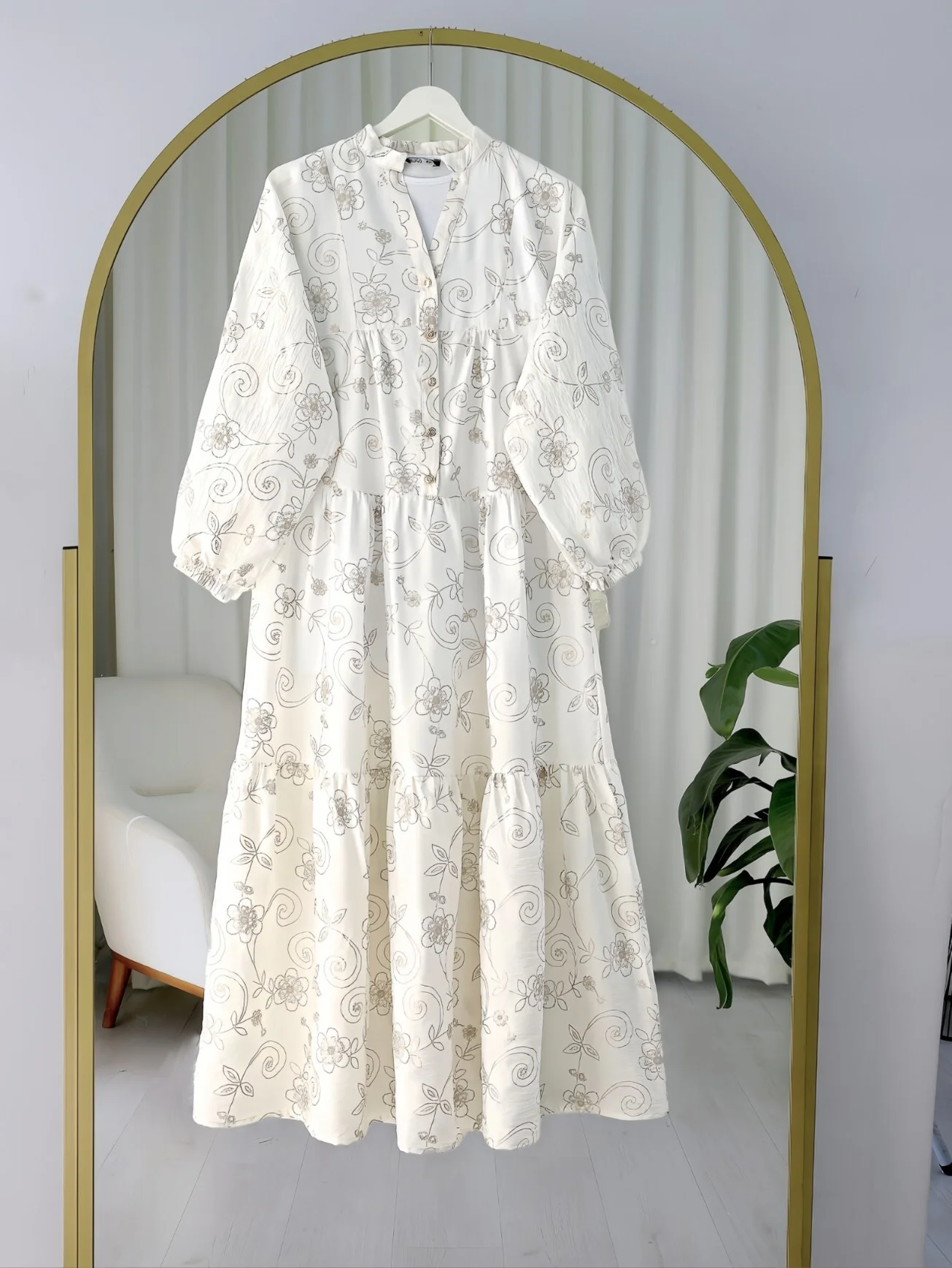 White Floral Jacquard Print Half-Button Long-Sleeve Tiered Dress - Podyumplus - by Peralane - photo 7