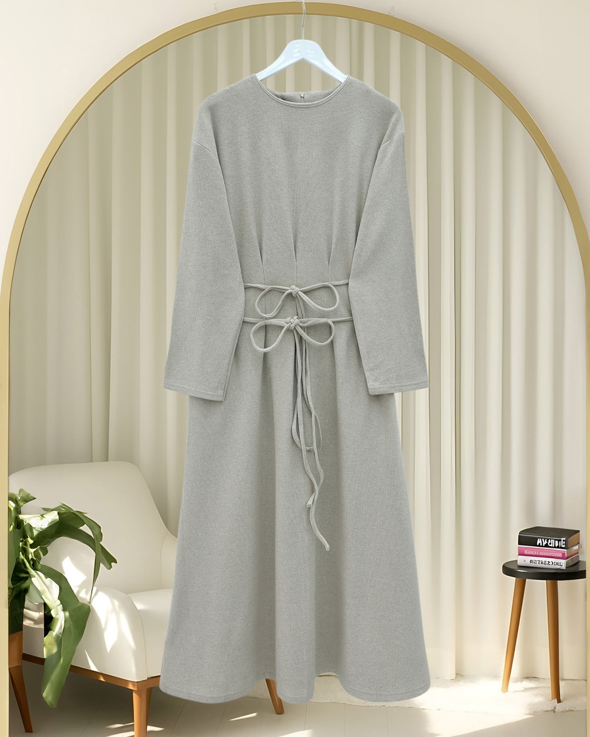 Long-Sleeved Draped Belted Maxi Dress in Light Grey Marl - Women's - Podyumplus - by Peralane - photo 3