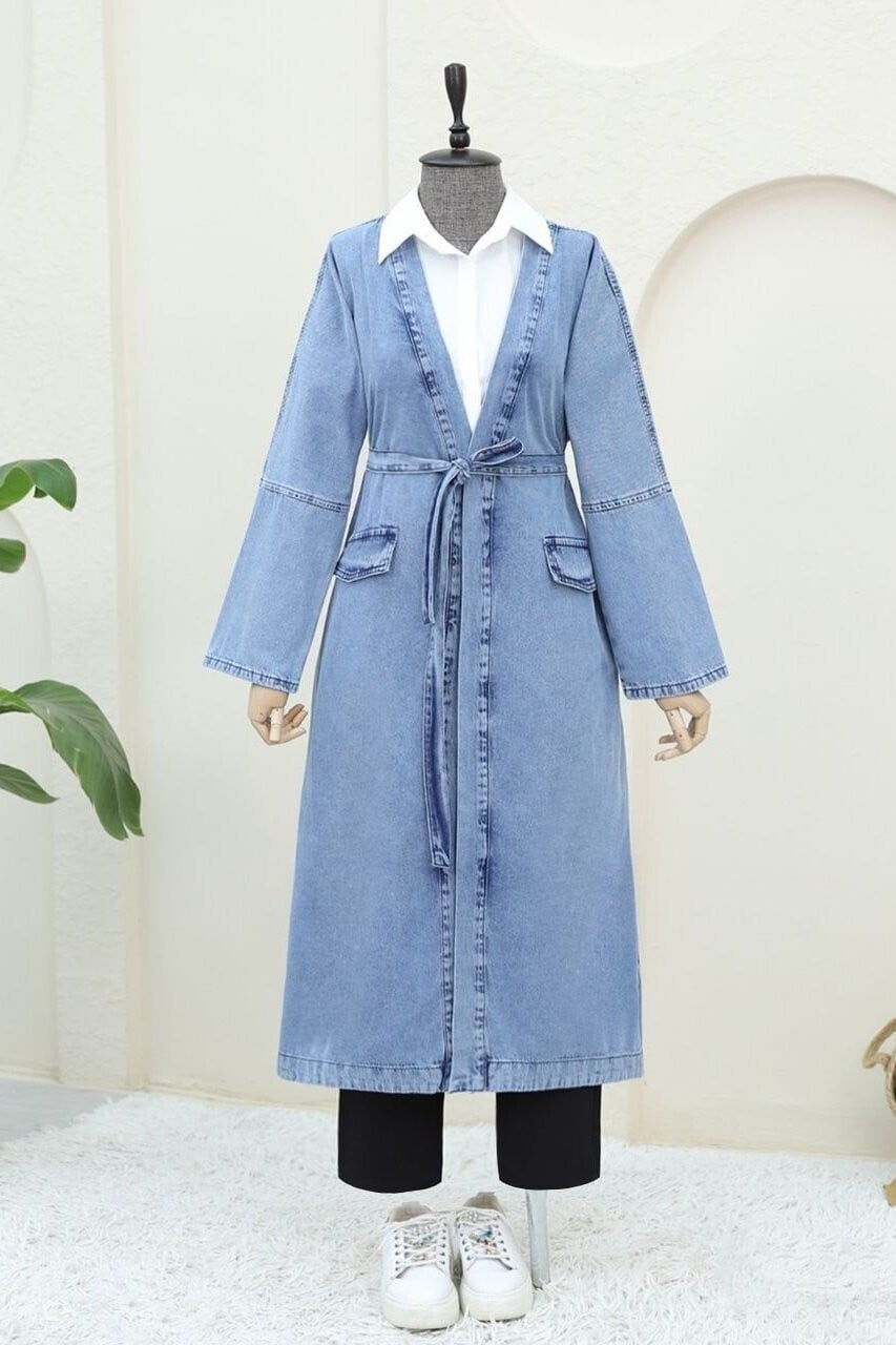 Pocket Detail Tie Waist Denim Duster Coat - Ice Blue - Podyumplus - by Peralane - photo 7