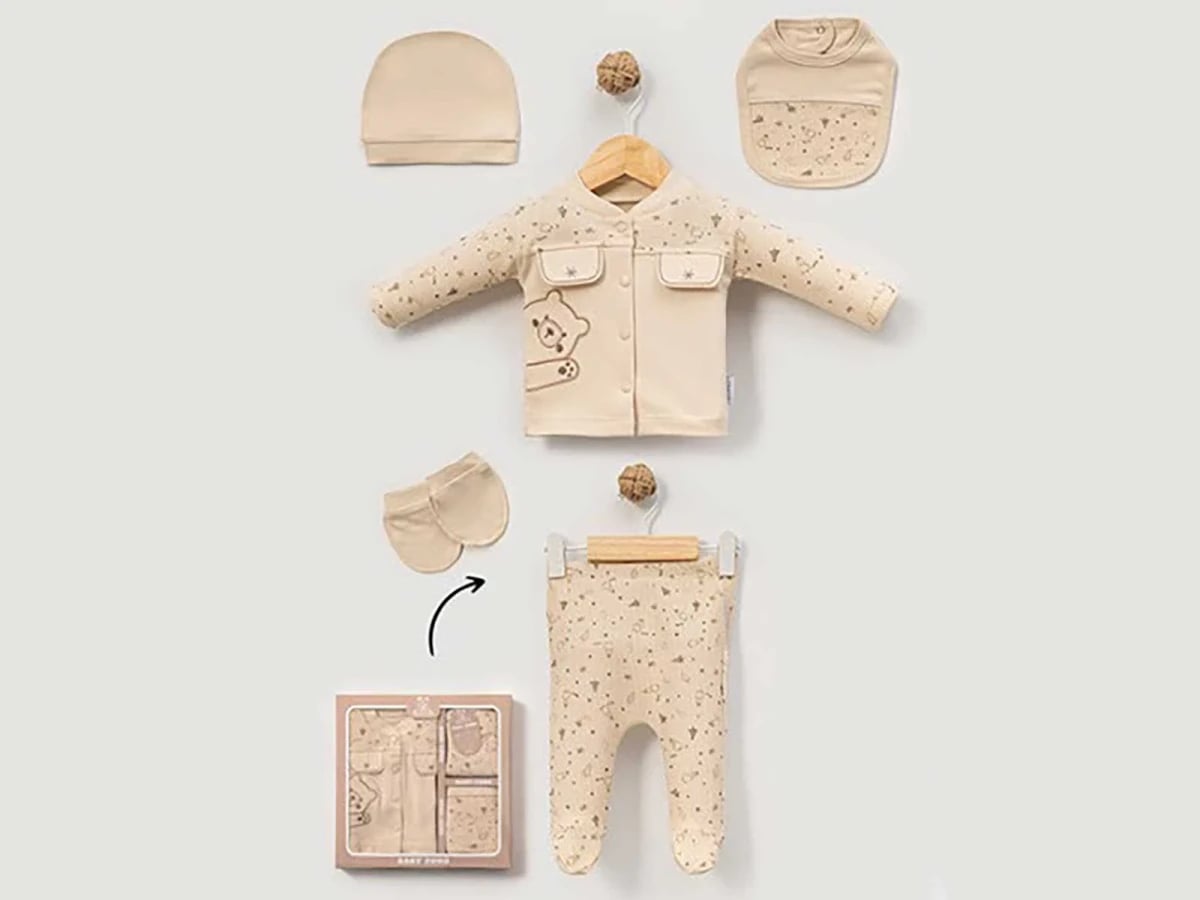 Baby Boys' 5-Piece Cotton Set with Bear Print - Beige - Baby Zuhu - by Peralane