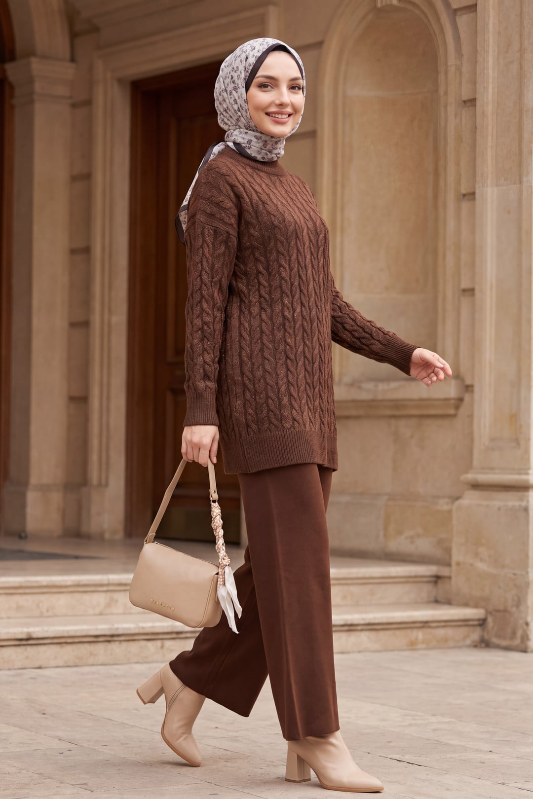 Half-Collar Slit Silver Knit Sweater and Trousers Set - Brown - Podyumplus - by Peralane - photo 3
