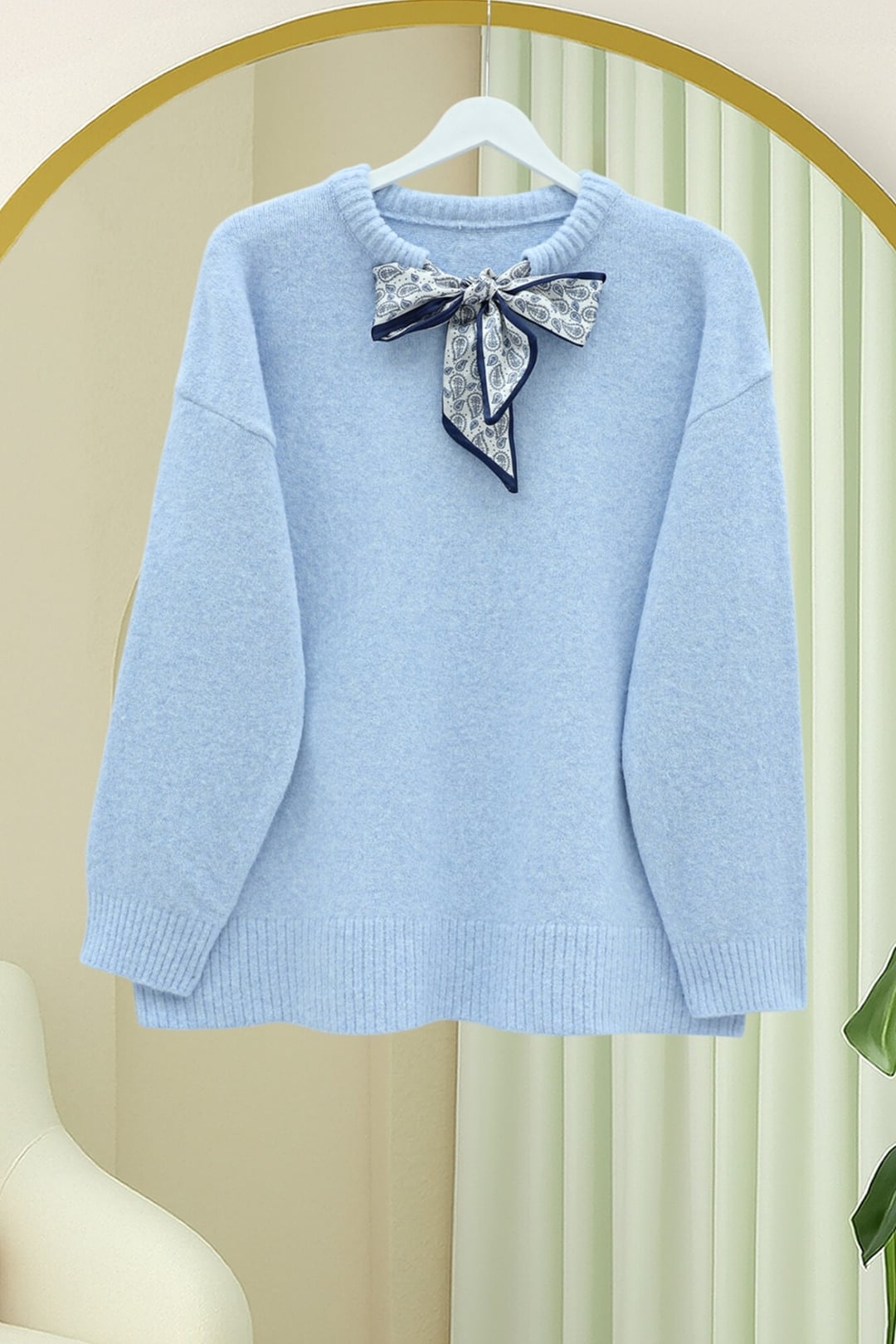 Light Blue Knit Sweater with Scarf Collar and White A-Line Skirt Set - Podyumplus - by Peralane - photo 4