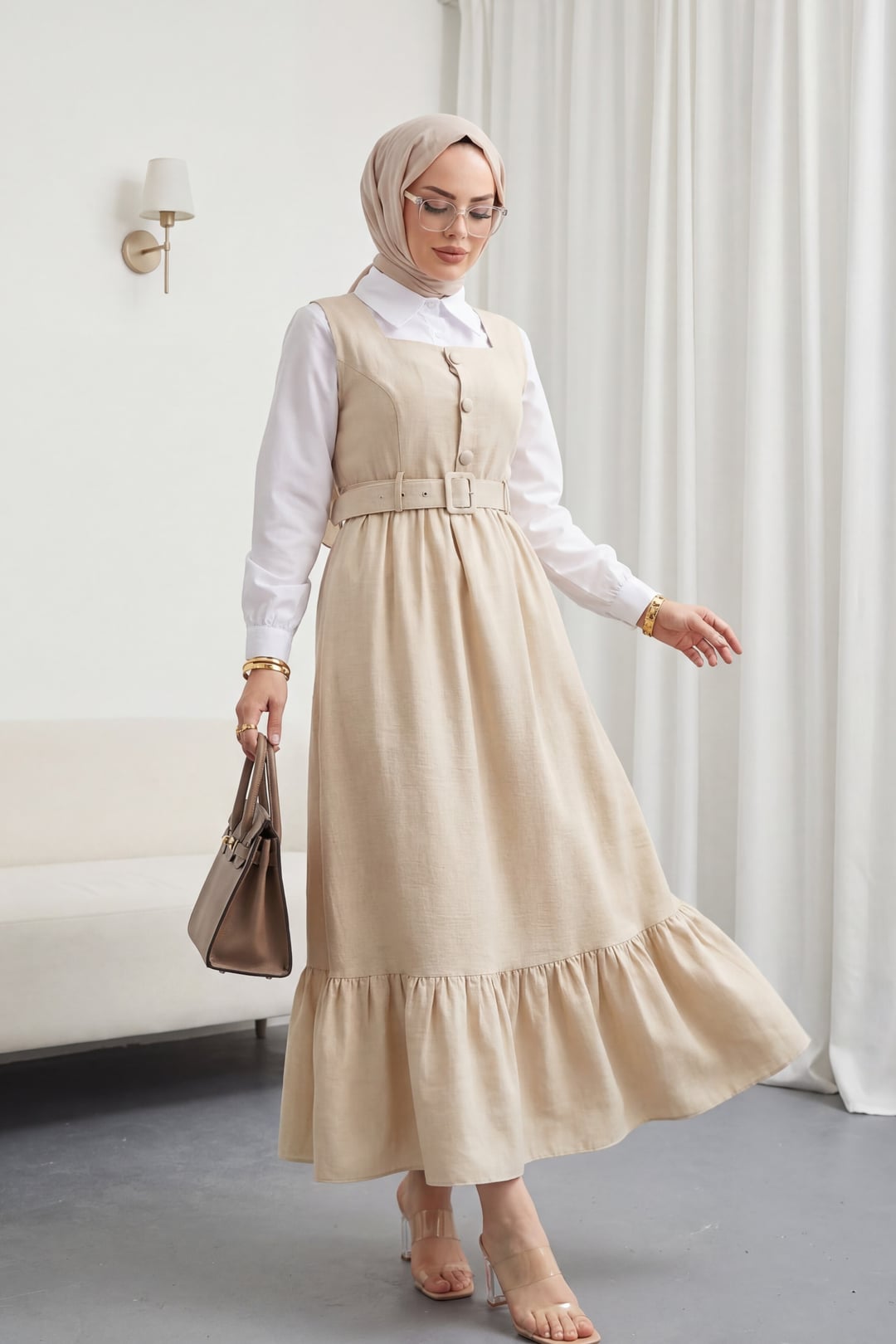 Top Buttoned Shirt and Pinafore Dress Set - Beige - Podyumplus - by Peralane