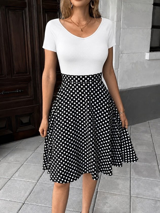 Women's Short Sleeve V-Neck Top with Polka Dot Skirt Two-Piece Dress - Janes - by Peralane