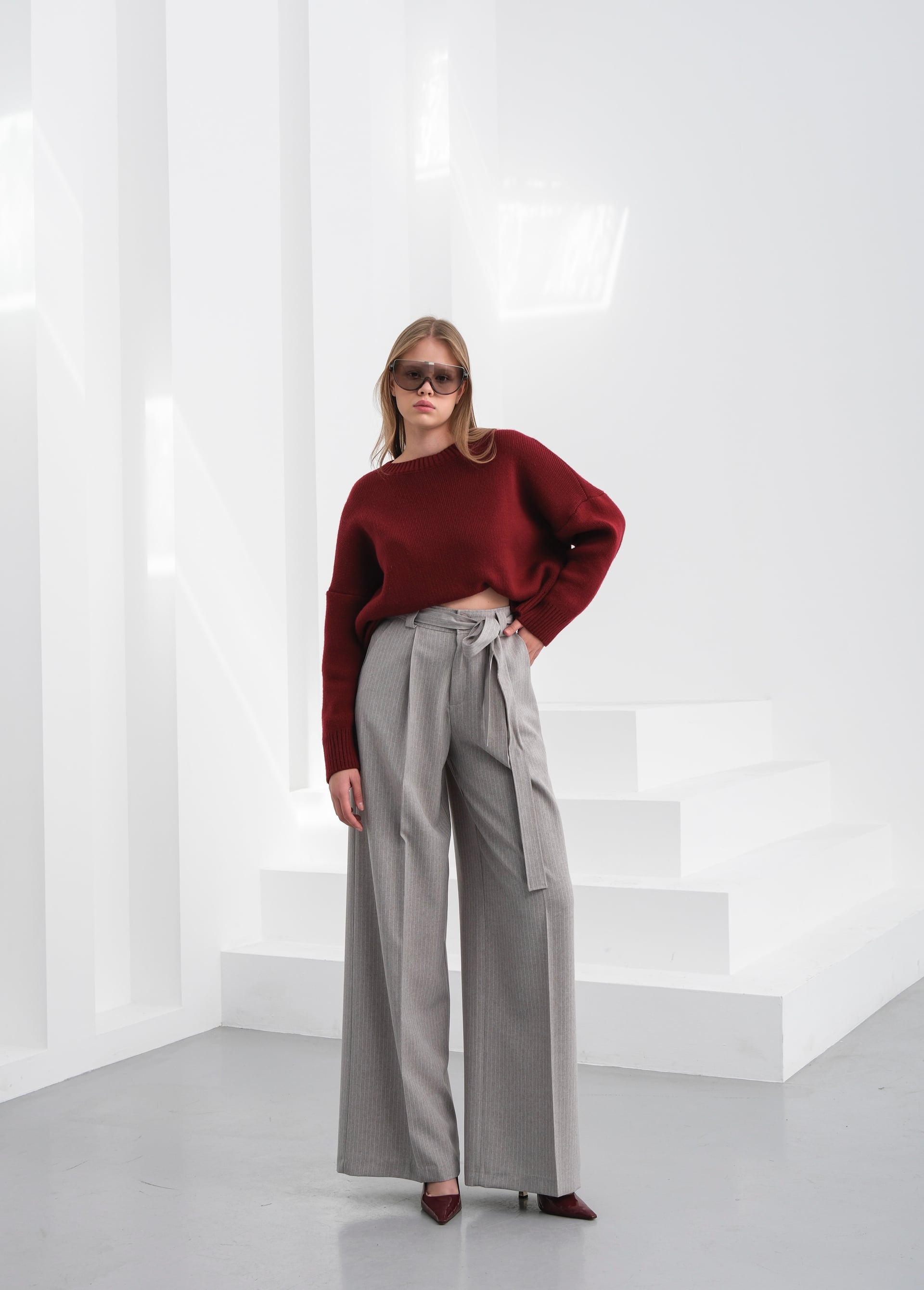 Pinstriped Wide-Leg Palazzo Trousers with Self-Tie Belt - Ouz Fashion - by Peralane - photo 4