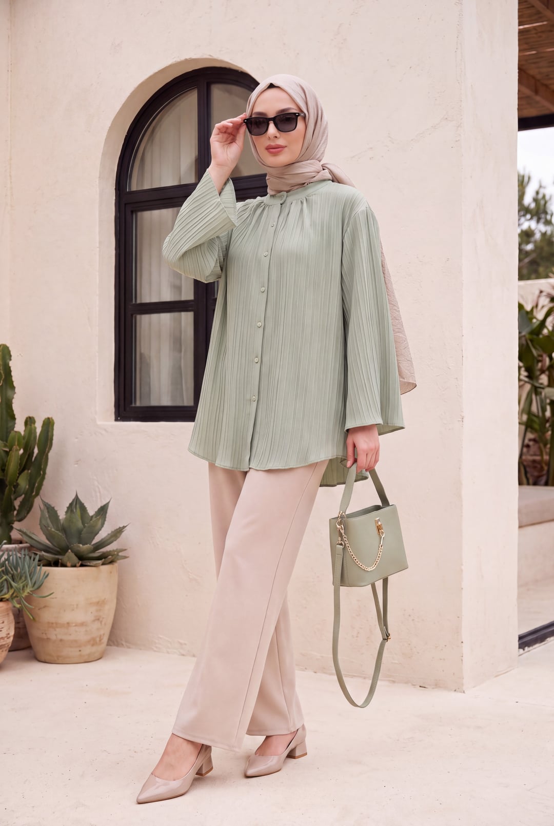 Round Neck Buttoned Spanish Sleeve Siena Tunic - Light Green - Podyumplus - by Peralane - photo 4