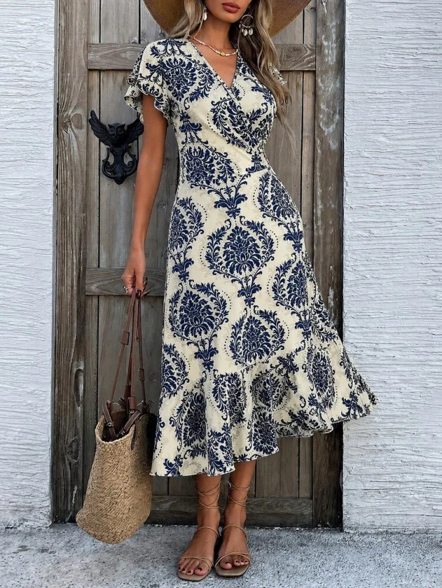 Women's Short Sleeve Wrap V-Neck Tie Waist Patterned Suprem Midi Dress - Janes - by Peralane - photo 3