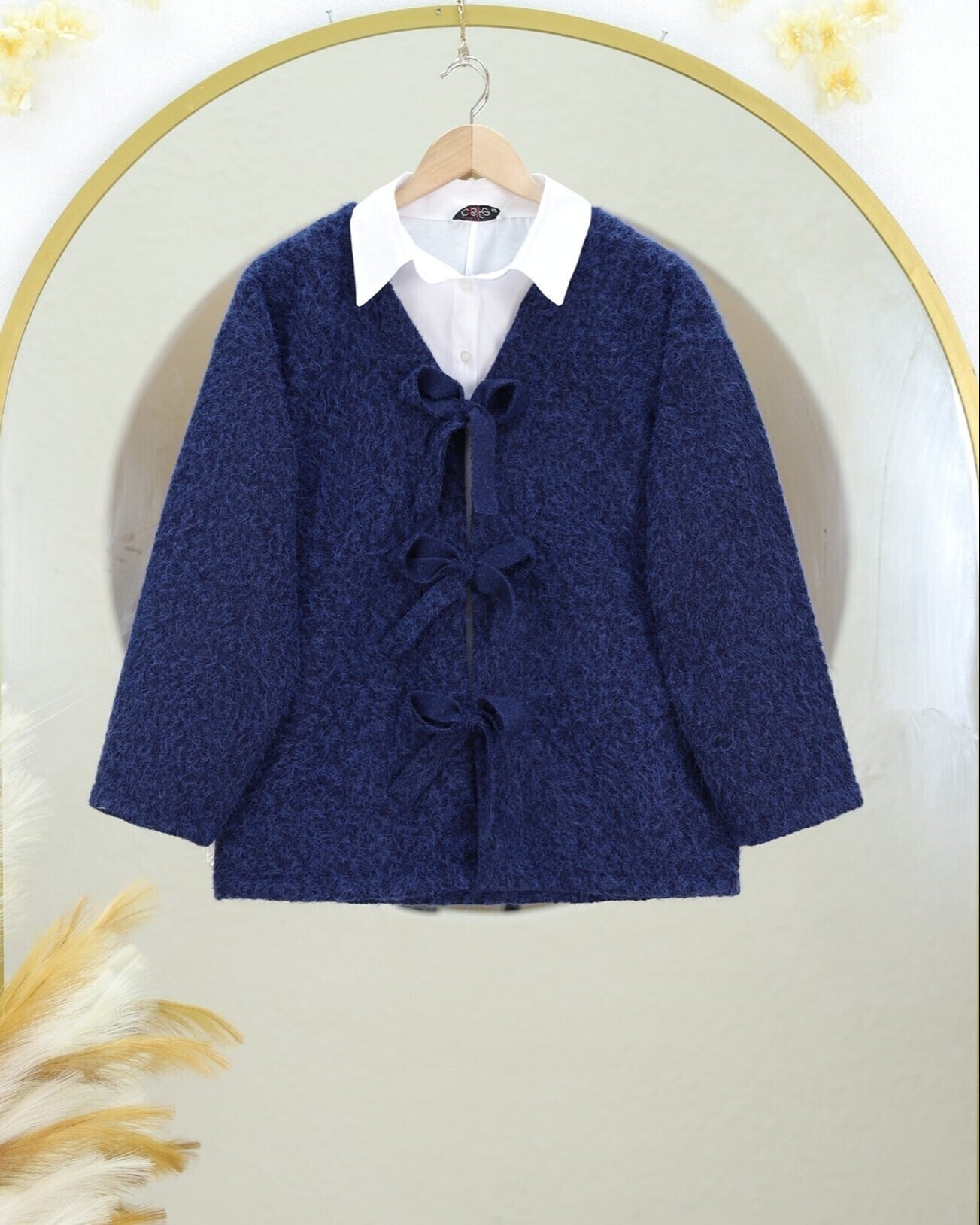 Navy Blue Faux Fur Front-Tie Cardigan - Podyumplus - by Peralane