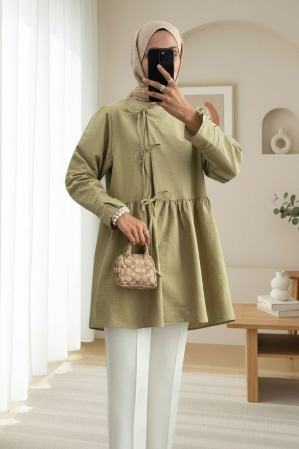 Olive Green Cross-Tie Layered Kimono Tunic - Podyumplus - by Peralane - photo 2