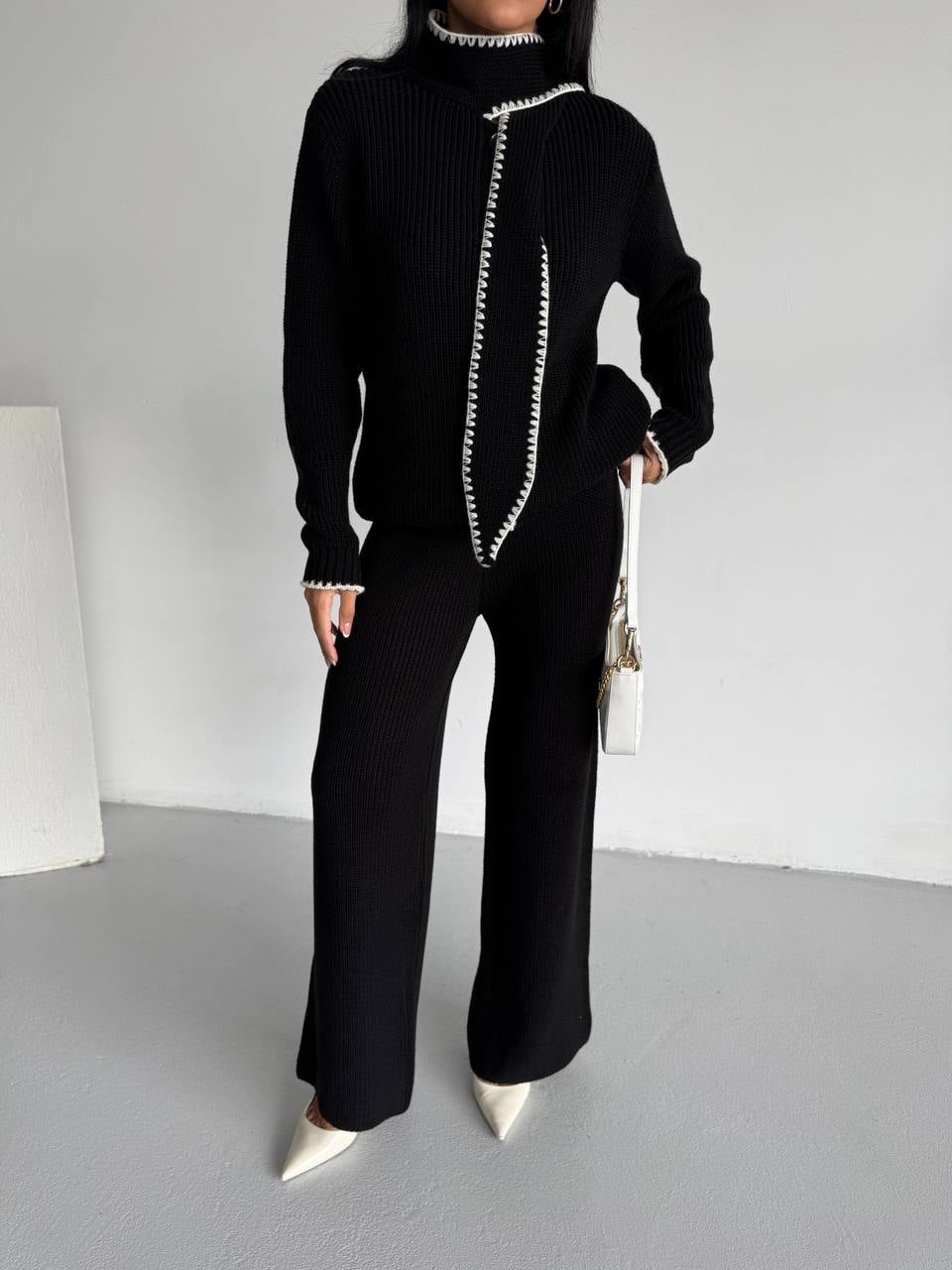 Black Ribbed Knit Cardigan and Wide-Leg Trousers Set - My Bee - by Peralane - photo 3