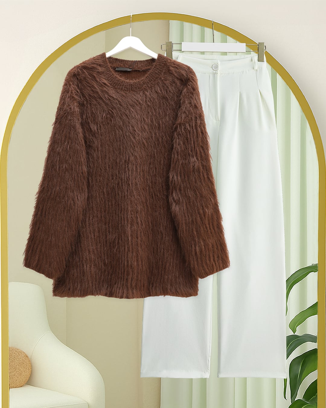 Round Neck Fuzzy Knit Tunic Sweater - Brown - Podyumplus - by Peralane - photo 4