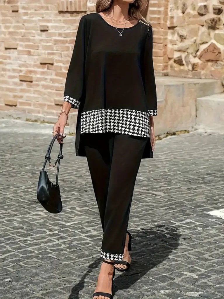 Women's Long-Sleeve Round Neck Houndstooth Trim Viscose Two-Piece Set - Janes - by Peralane - photo 2