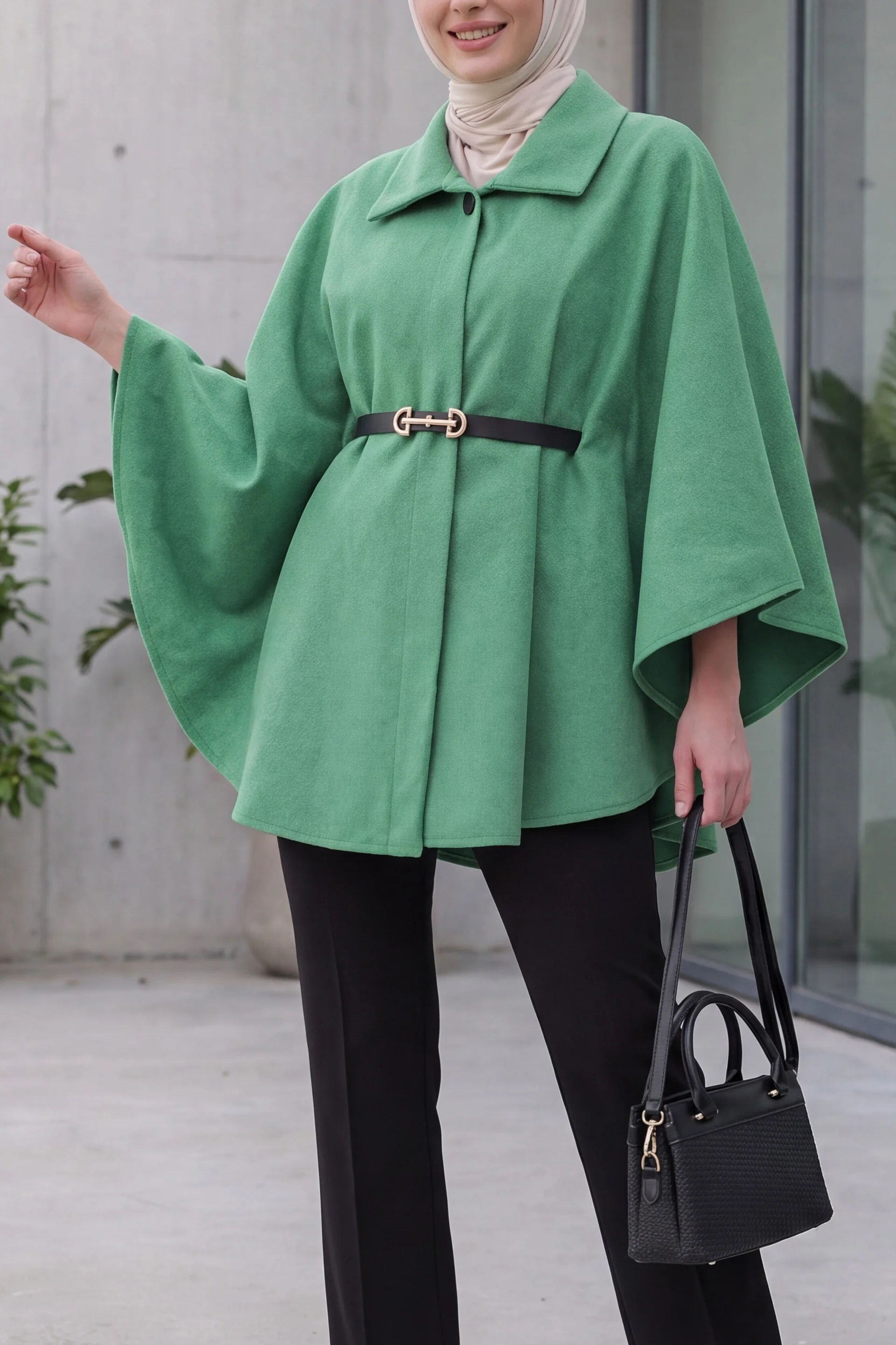 Women's Belted Wool Blend Cape Poncho - Green - Bigdart - by Peralane