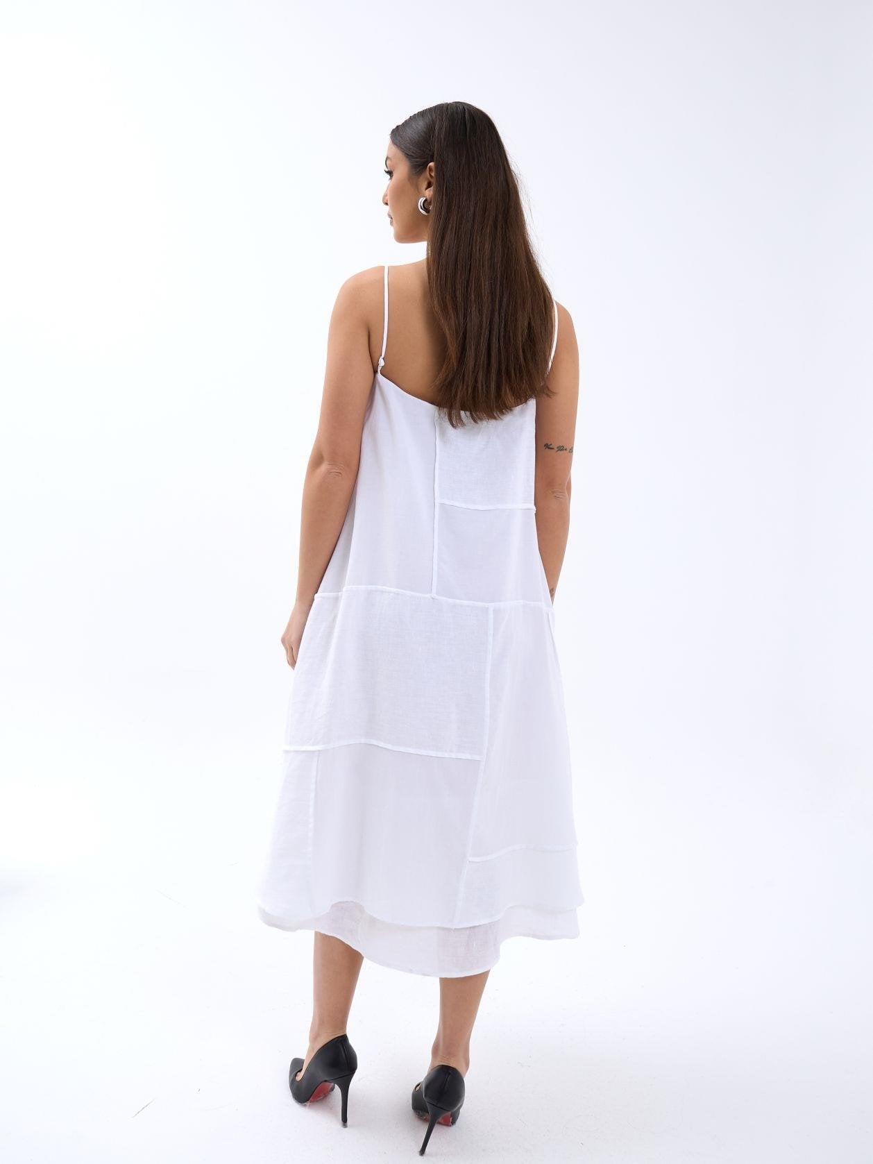 White Sleeveless Midi Patchwork Dress in 100% Linen - Fame - by Peralane - photo 2