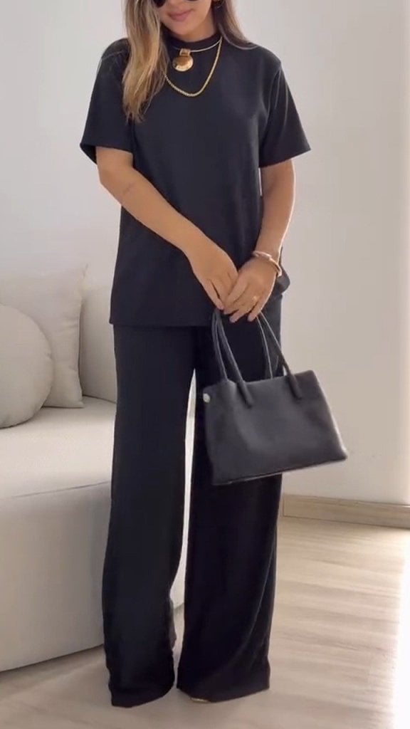 Women's Black Short Sleeve Round Neck Viscose Two-Piece Set with Blouse and Wide-Leg Trousers - Janes - by Peralane - photo 3