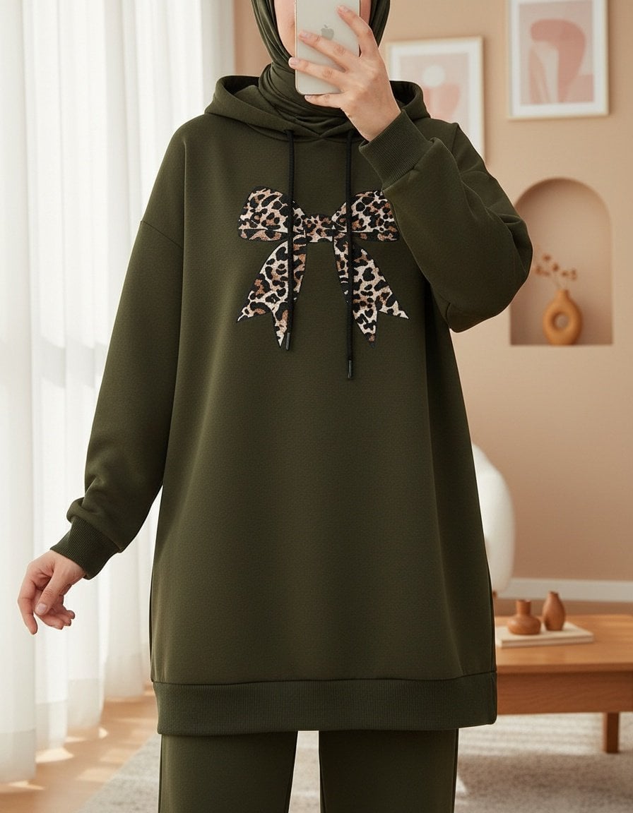 Bow Detail Hooded Sweatshirt - Olive Green - Podyumplus - by Peralane - photo 3