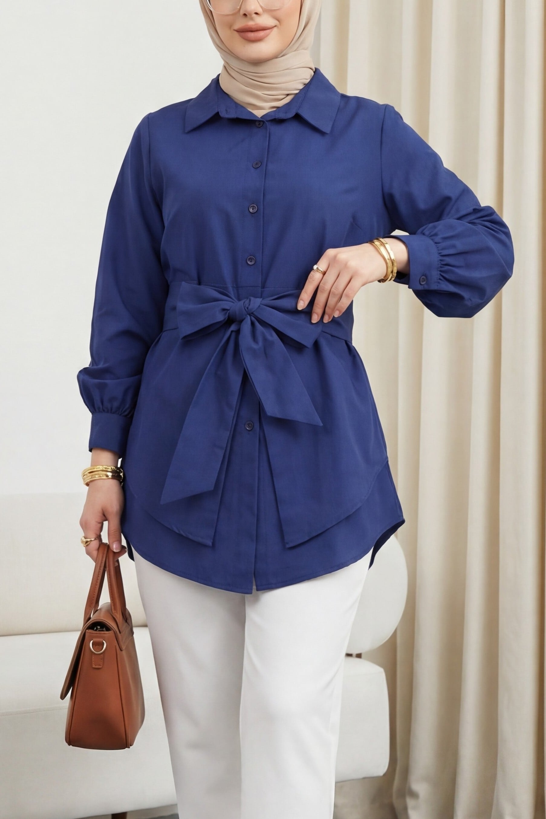 Self-Tie Poplin Tunic in Navy - Podyumplus - by Peralane