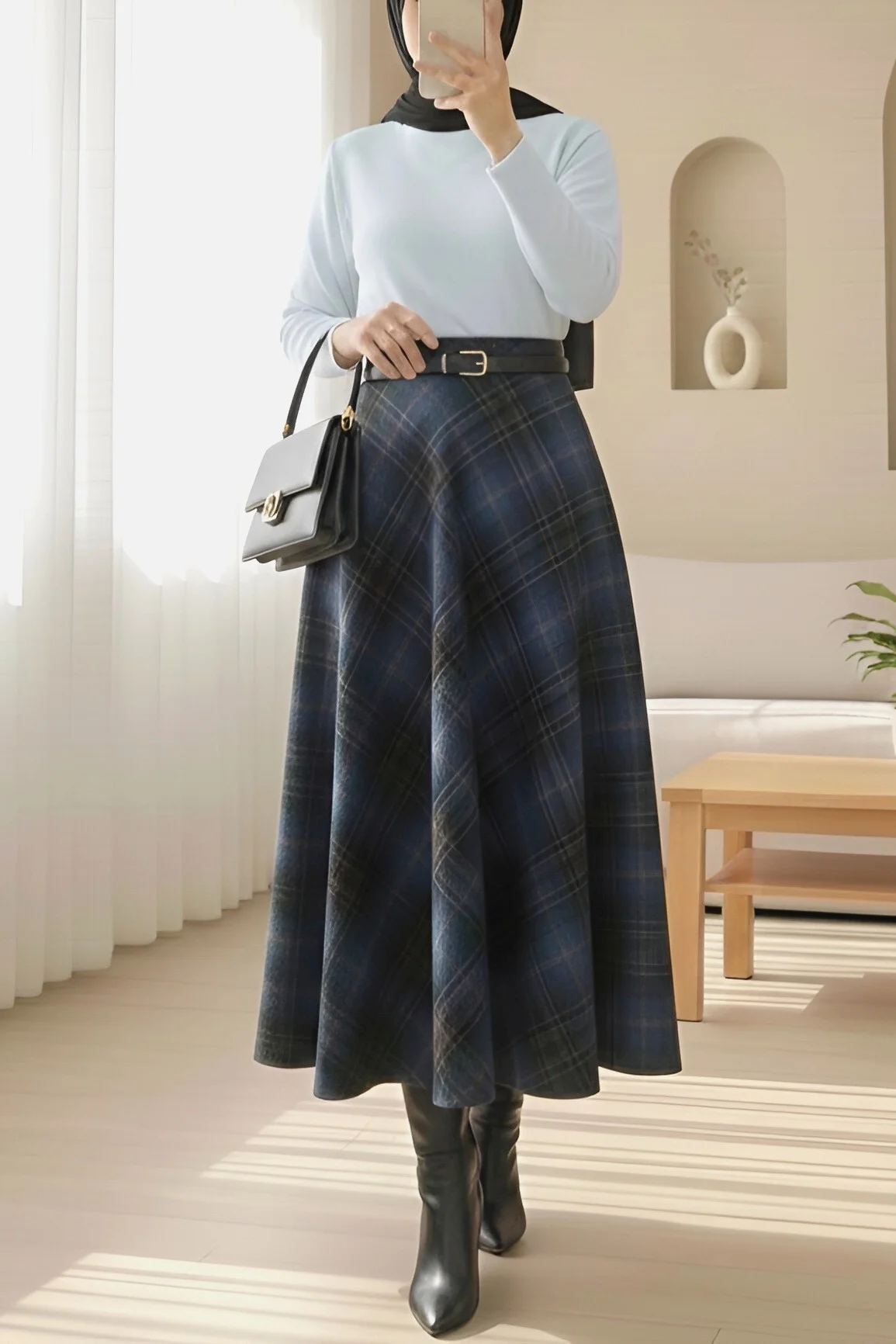Navy Plaid Wool-Blend Flared Skirt with Side Zipper - Podyumplus - by Peralane