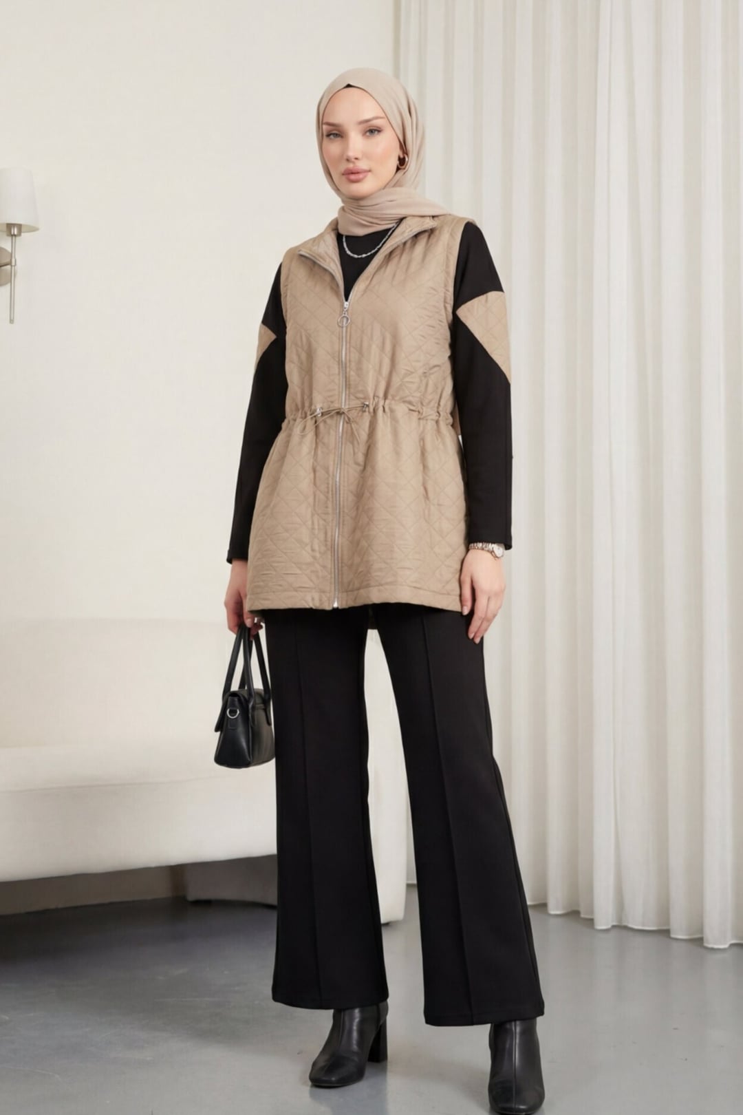 Quilted Vest, Cimali Pants and Top Three-Piece Knit Set - Mink - Podyumplus - by Peralane