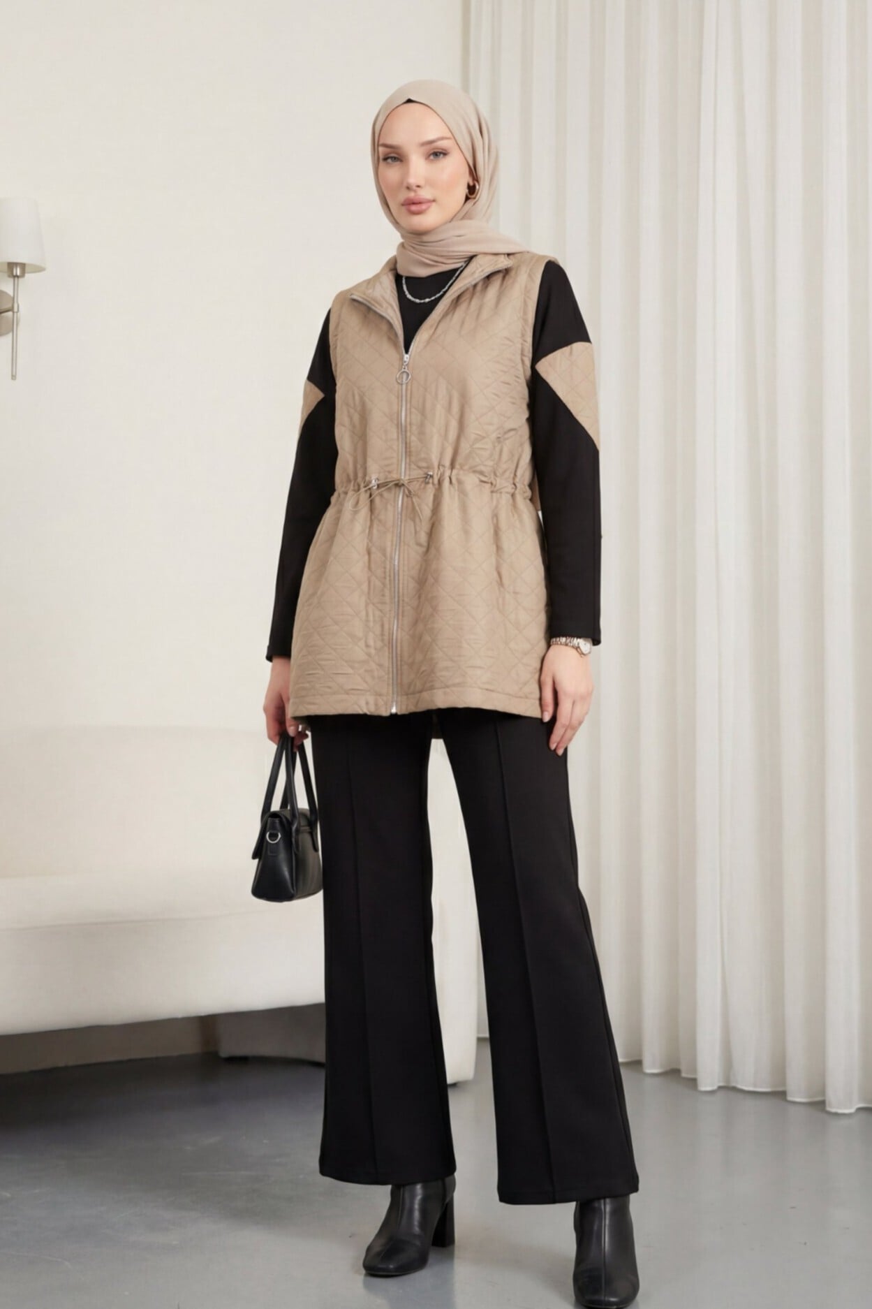 Quilted Vest, Cimali Pants and Top Three-Piece Knit Set - Mink - Podyumplus - by Peralane