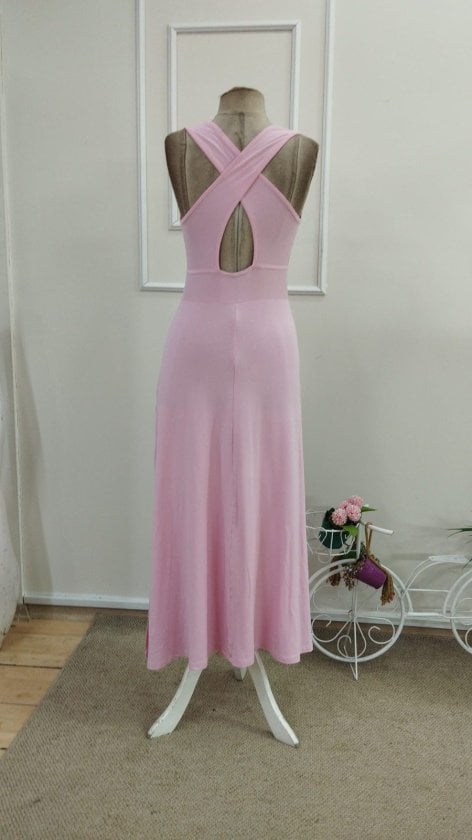 Women's Pink Sleeveless Round Neck Maxi Viscose Dress with Back Cross Detail - Janes - by Peralane - photo 5