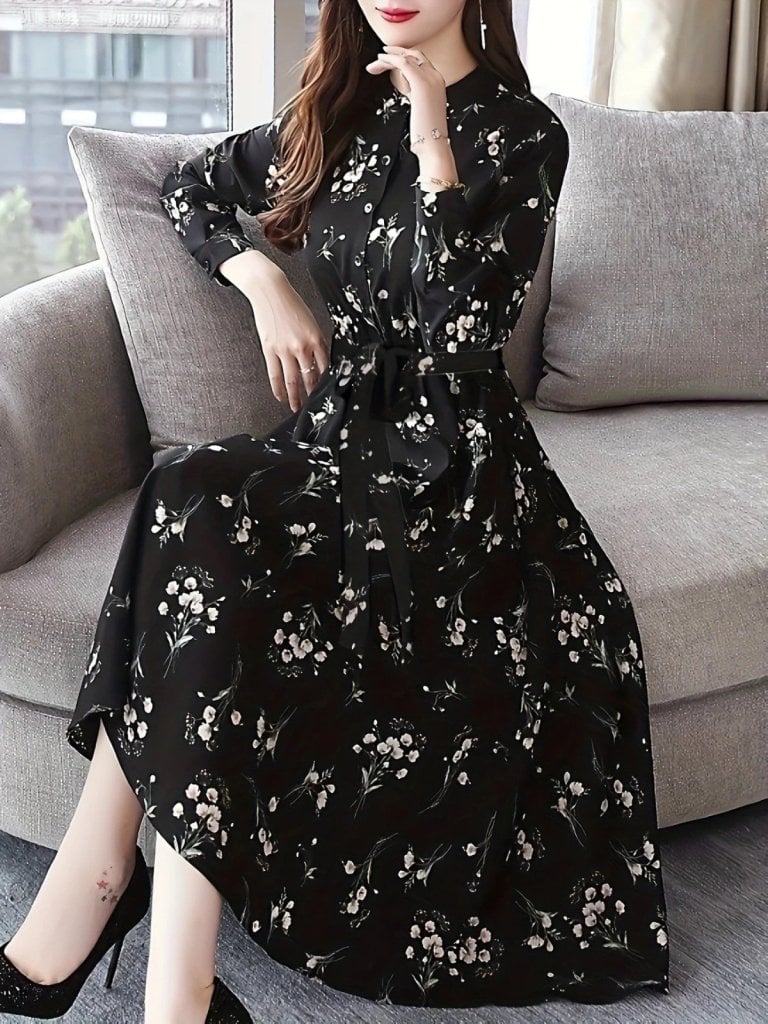 Women's Long Sleeve Stand Collar Button Front Belted Floral Maxi Dress - Janes - by Peralane - photo 3