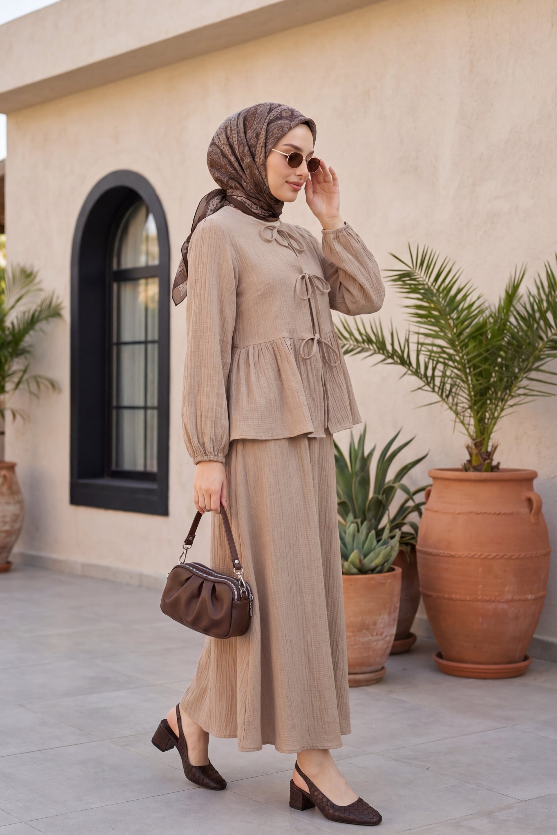Tie-Front Long-Sleeve Crinkle Blouse and Skirt Set - Mink - Podyumplus - by Peralane - photo 3