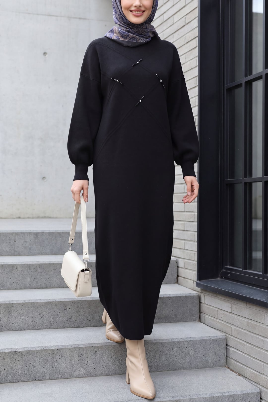 Black Embellished Patterned Knit Dress with Balloon Sleeves - Podyumplus - by Peralane - photo 4