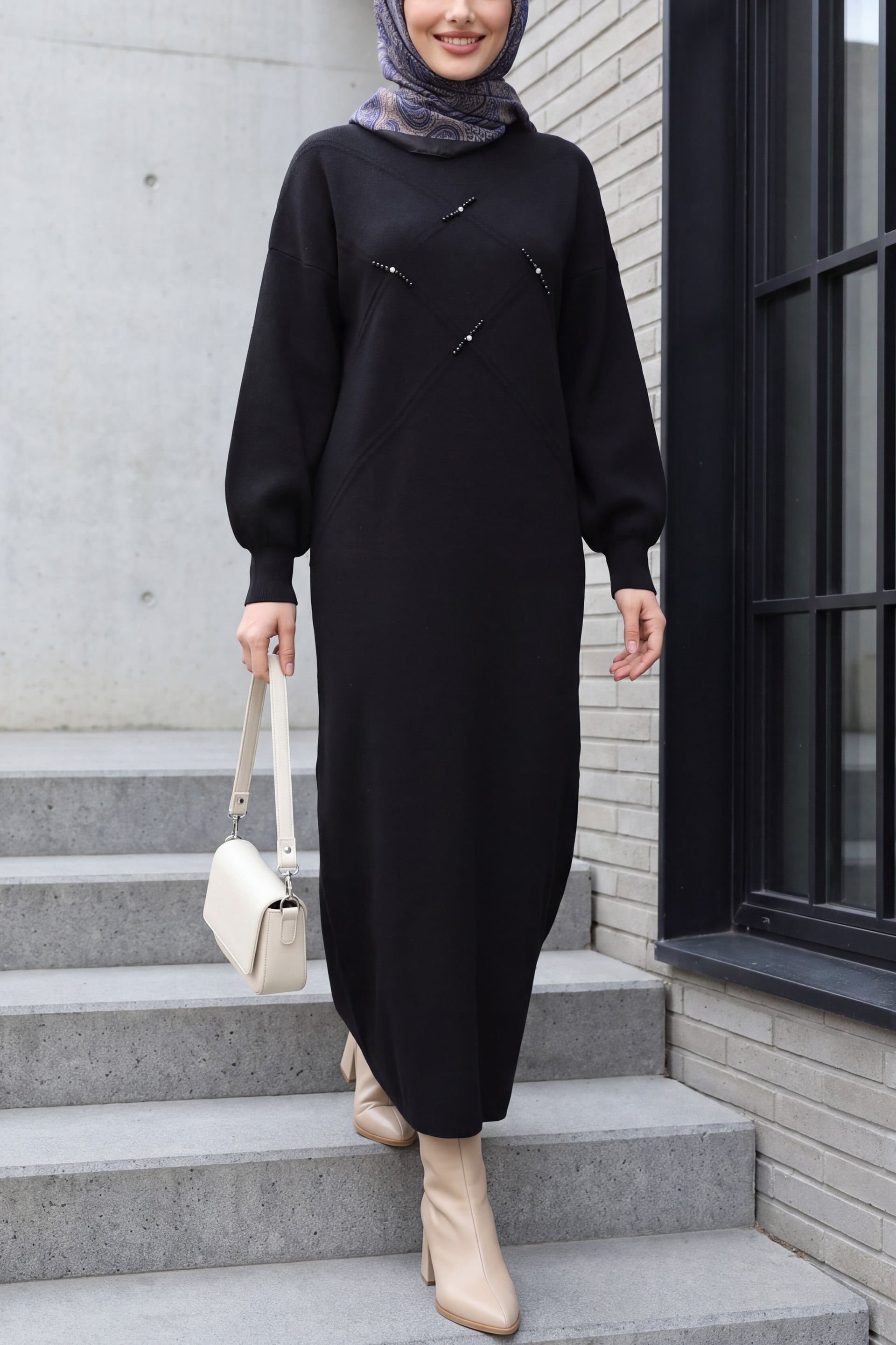 Black Embellished Patterned Knit Dress with Balloon Sleeves - Podyumplus - by Peralane - photo 4