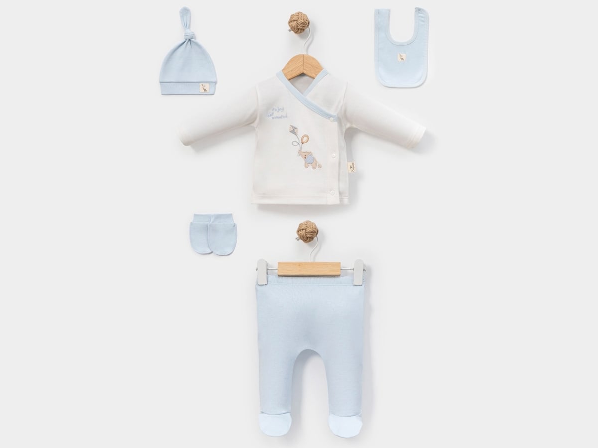 Baby Boys Elephant Print Wrapped Top, Pants, Hat, Bib and Mittens Gift Set - Cayzen - by Peralane