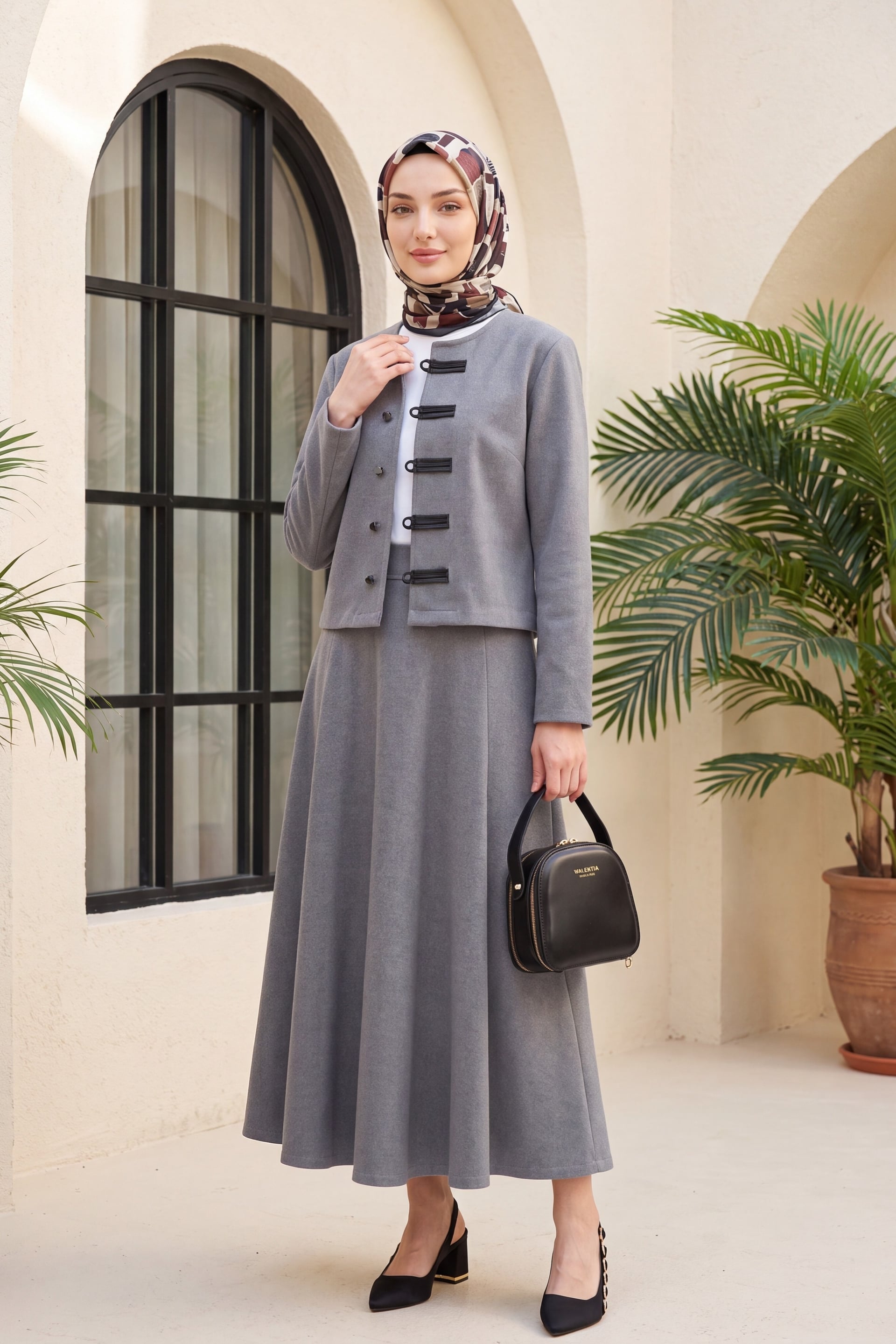 Grey Leather Detail Button-Front Selanik Co-ord Set with Skirt - Podyumplus - by Peralane - photo 3