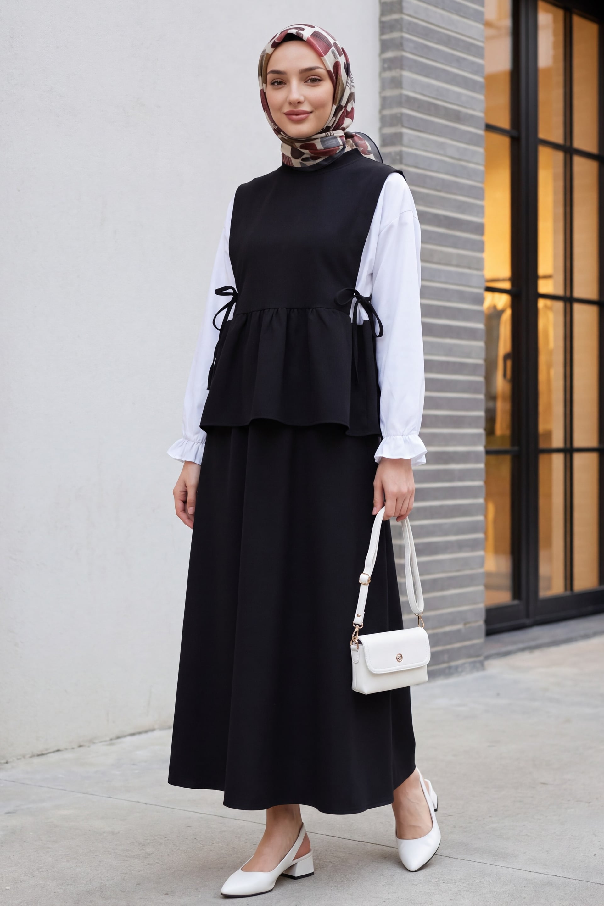 Black Sleeveless Tunic Dress with White Long-Sleeved Blouse Two-Piece Set - Podyumplus - by Peralane - photo 3