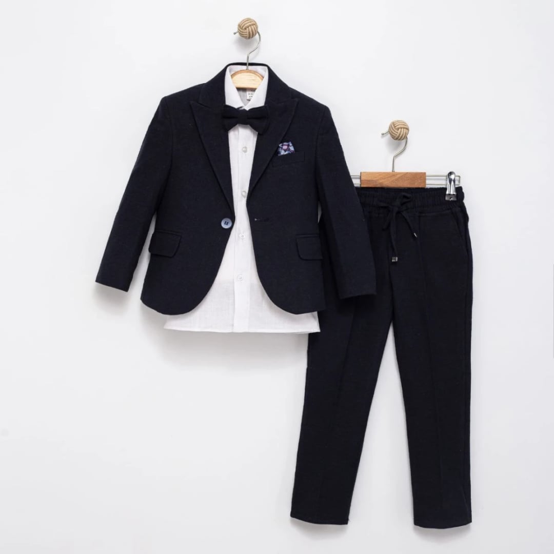 Boys' Navy Blue Linen Blend Suit Set of 4, Ages 7-10 - Terry - by Peralane