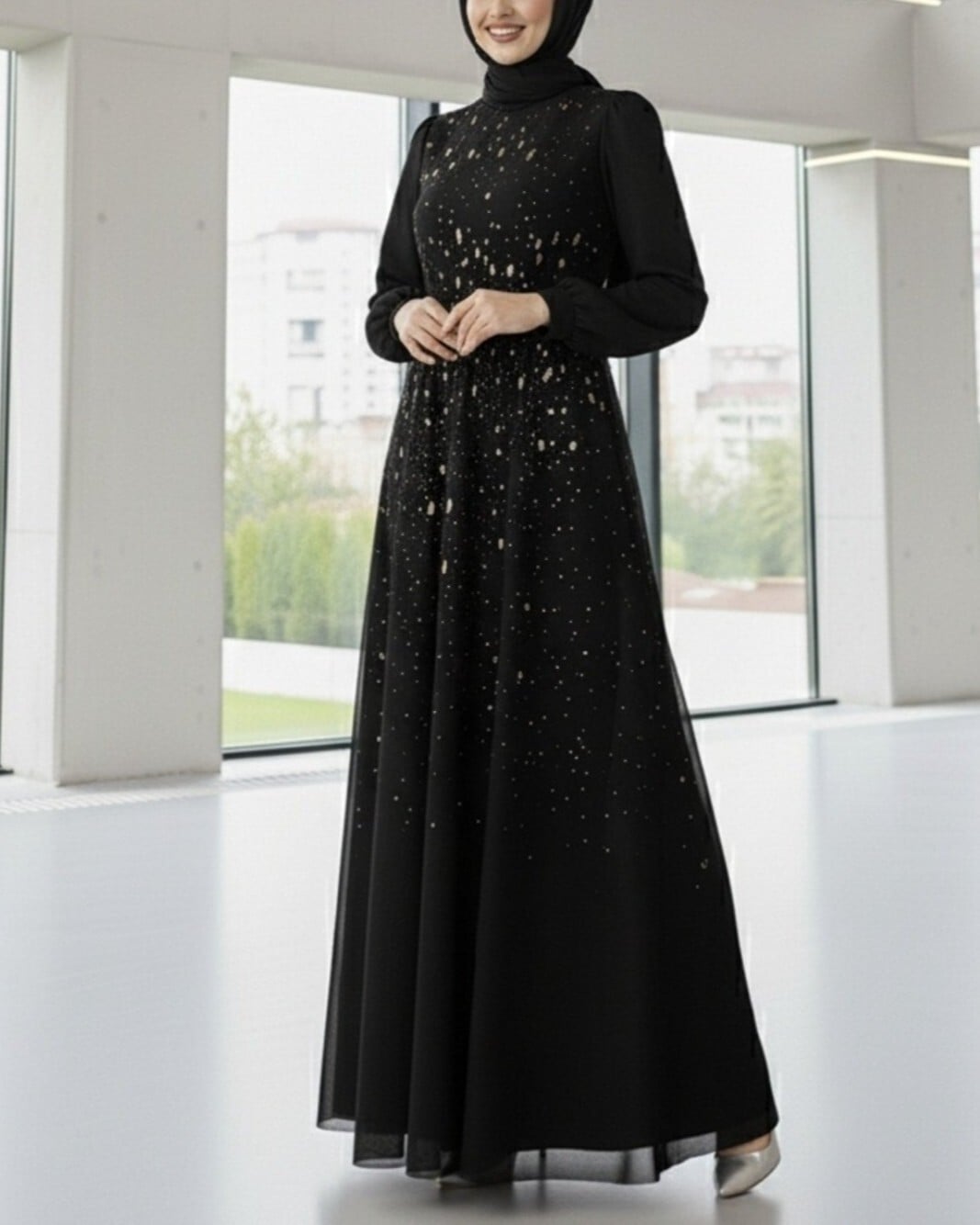 Black Long-Sleeve Evening Dress with Gold Fleck Print - Podyumplus - by Peralane - photo 4