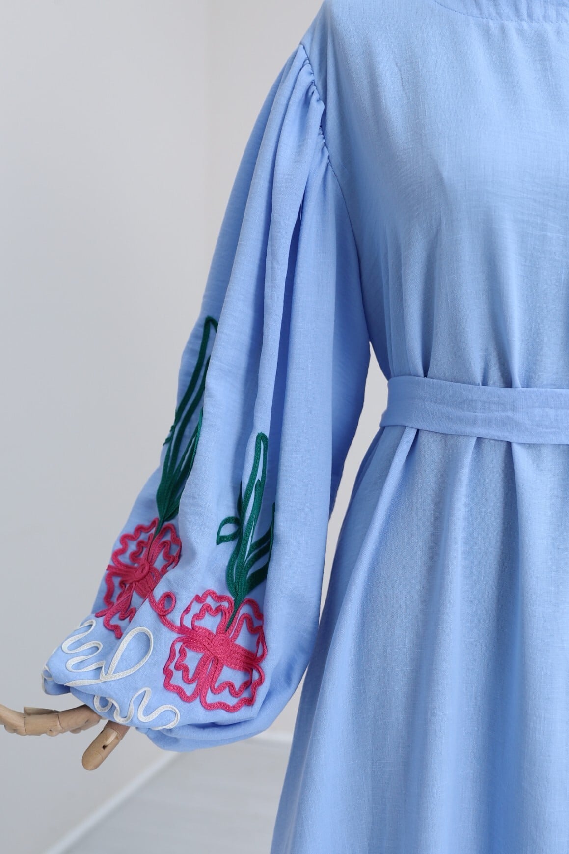 Balloon Sleeve Embroidered Belted Dress - Blue - Podyumplus - by Peralane - photo 4