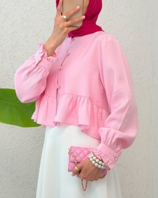 Pink Modal Blouse with Ruffled Peplum and Pearl Buttons - Podyumplus - by Peralane - photo 7