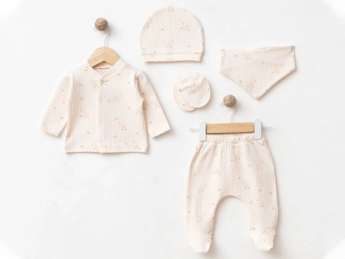 Unisex Newborn Baby Hospital Exit Set with Duck Print - 5 Piece Set in Cream - Esya - by Peralane