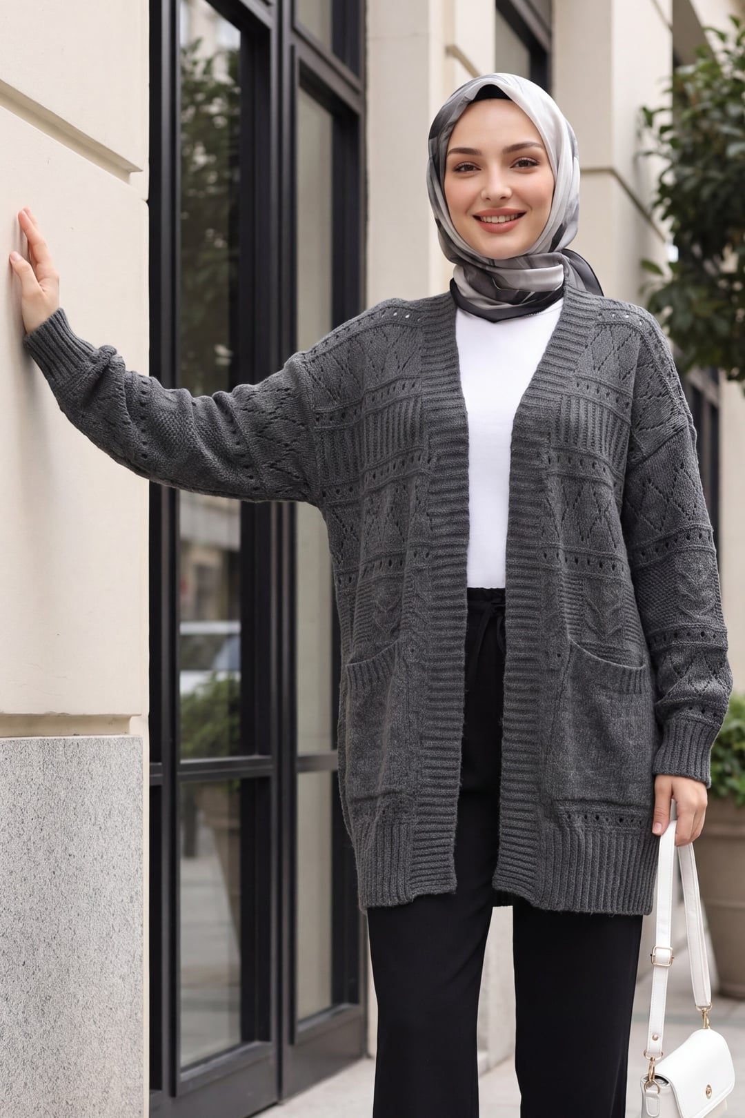 Open Front Knit Cardigan with Pockets for Women - Smoke Grey - Podyumplus - by Peralane