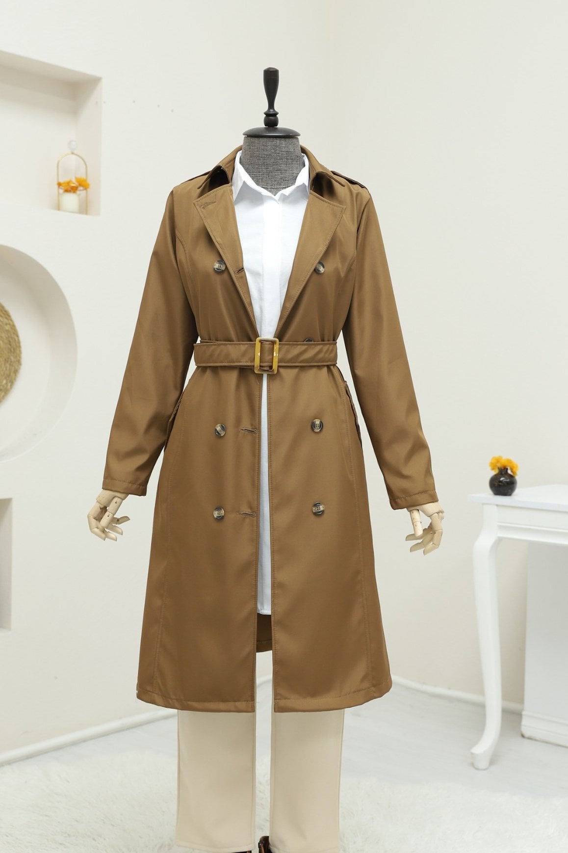 Buttoned Belted Mid-Length Trench Coat - Tan - Podyumplus - by Peralane